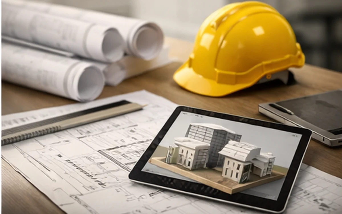 Planos de arquitectura e ingeniería con tablet y casco de seguridad.
